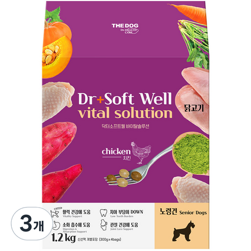 더독 강아지 노령견 닥터소프트 웰 바이탈솔루션 사료, 닭, 1.2kg, 3개