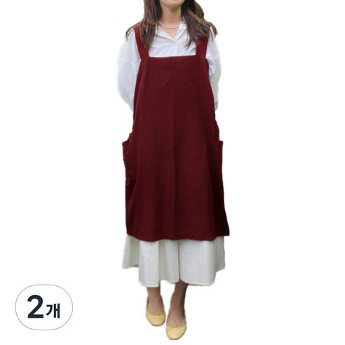 린넨 심플 롱 앞치마 XL, 와인, 2개