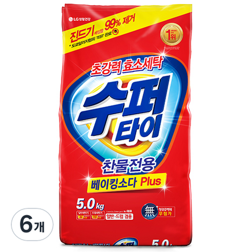수퍼타이 찬물 전용 효소 분말 세제 일반드럼 겸용 리필, 5kg, 6개