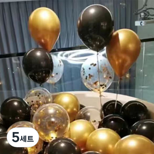 뷰라뷰 파티풍선 50p + 공기펌프 + 10m 리본 세트, 09.골드+블랙+골드스팽글, 5세트