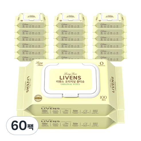 리벤스 오리지널 소프트 저자극 물티슈 캡형 45GSM, 100매, 60팩