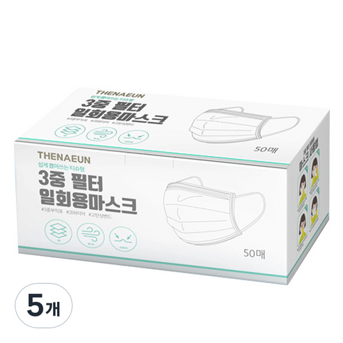 더나은 3중 MB필터 일회용 마스크 화이트 대형, 50매, 5개