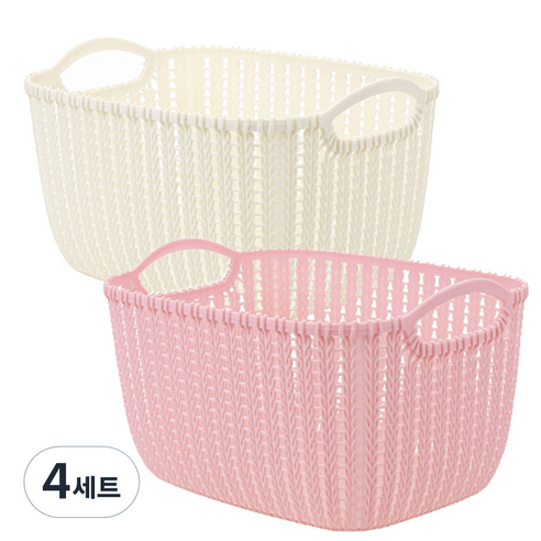 리버그린 짜임 다용도 바구니정리함 2p 세트, 화이트 + 핑크, 4세트