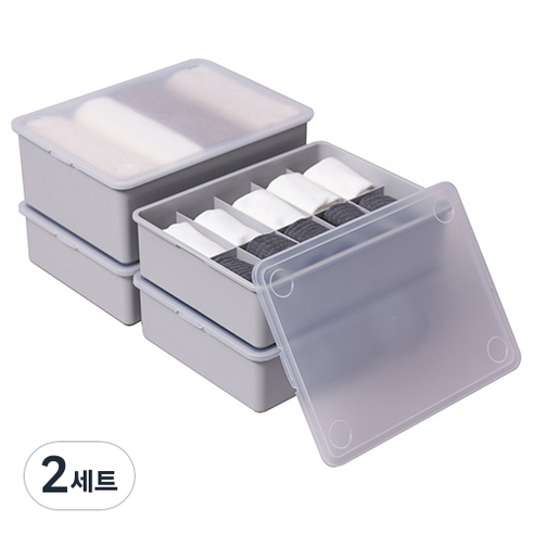 이즈리빙 플라스틱 속옷정리함 그레이 반투명뚜껑 1칸 1p + 10칸 2p + 15칸 1p 세트, 그레이 + 반투명 뚜껑, 2세트