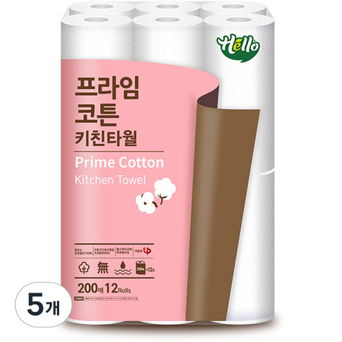 헬로 프라임코튼 천연펄프 키친타올 200매, 12개입, 5개