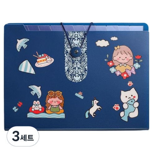 올인셀 데일리 아코디언 파일 5칸 A4 + 스티커 세트, 딥블루(파일), 3세트