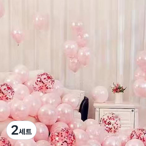 뷰라뷰 파티풍선 50p + 공기펌프 + 10m 리본 세트, 15 파우더핑크 + 레드스팽글(랜덤발송), 2세트