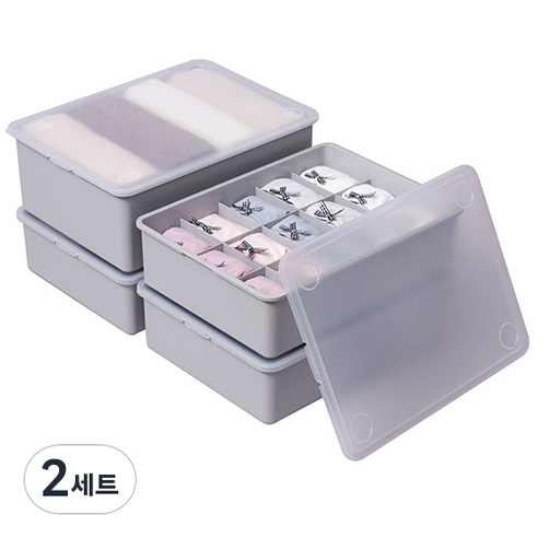 이즈리빙 플라스틱 속옷정리함 그레이 반투명뚜껑 1칸 1p + 10칸 1p + 15칸 2p 세트, 그레이 + 반투명 뚜껑, 2세트