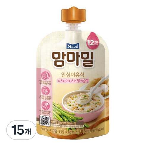 맘마밀 안심 이유식 12개월부터 100g, 아스파라거스와 닭가..., 100g, 15개 아스파라거스와 닭가슴살 × 100g × 15개 섬네일