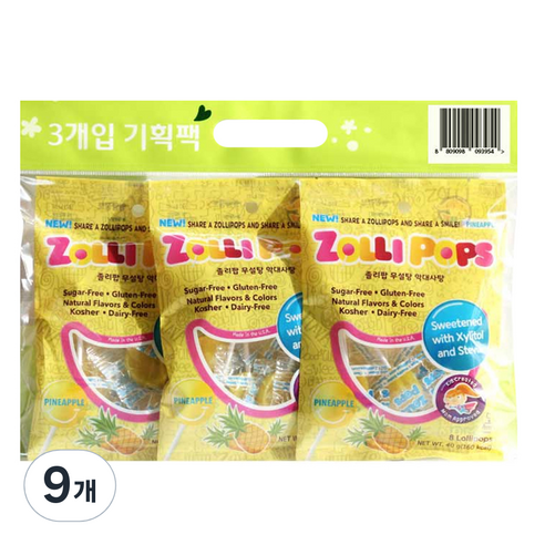 졸리팝 무설탕 막대사탕 파인애플맛, 40g, 9개