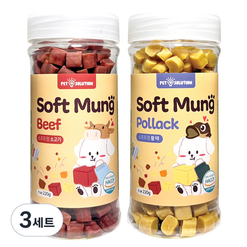 펫솔루션 강아지 소프트멍 수제져키 간식 220g x 2종 세트, 3세트, 소고기, 황태