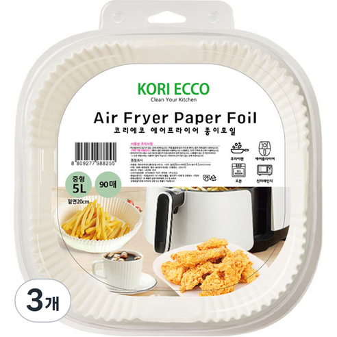코리에코 에어프라이어 종이호일 사각 화이트 90p, 3개