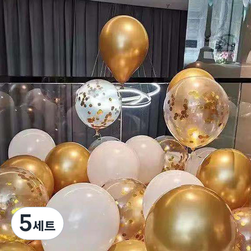 뷰라뷰 파티풍선 50p + 공기펌프 + 10m 리본 세트, 05 골드 + 화이트 + 골드스팽글(랜덤발송), 5세트