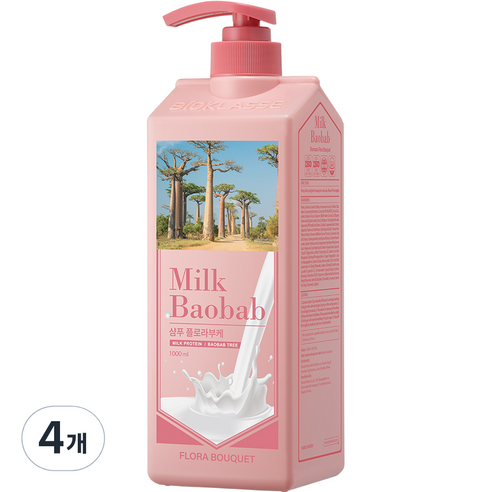 밀크바오밥 대용량 단백질 손상모 샴푸 플로라부케향, 4개, 1000ml