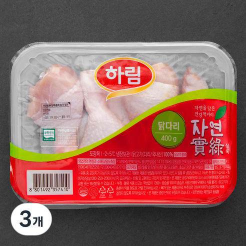 하림 자연실록 무항생제 인증 닭다리 북채 (냉장), 400g, 3개
