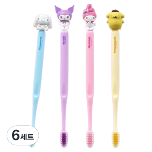 아텍스 유아용 산리오 캐릭터즈 칫솔 4종 세트, 시나모롤, 쿠로미, 마이멜로디, 폼폼푸린, 6세트