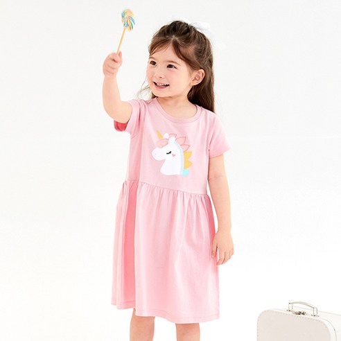 유니프랜드 여아용 통기성 핑크유니콘 등원복 면 반팔 원피스