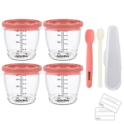 베베락 엘파 밀폐 이유식 용기 4p + 실리콘 스푼 1단계 + PP 스푼 세트, 180ml, 피치핑크, 1세트