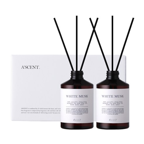 에이센트 네이처 실속형 디퓨저 200ml 2p + 섬유스틱 10p, 화이트머스크