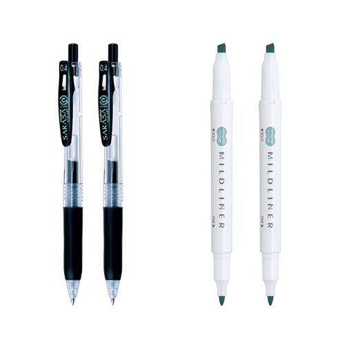 제브라 마일드라이너 마카 2p + 사라사 클립 볼펜 0.4mm 2p 세트, 스모크블루(마일드라이너), 검정(볼펜), 1세트