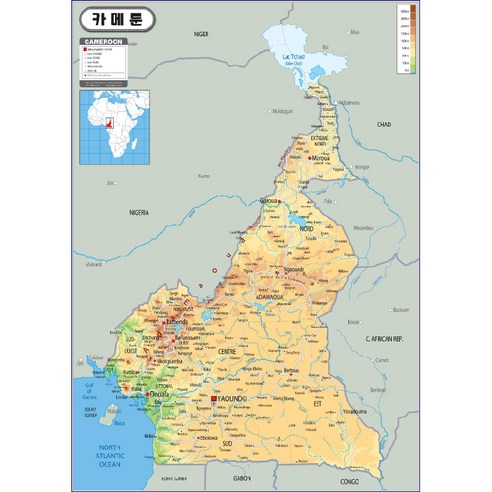 지도닷컴 지형 코팅형 아프리카 카메룬지도 78 x 110 cm + 세계지도 세트, 1세트