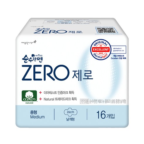 순수한면 제로 중형 생리대 날개형, 16개입, 1팩