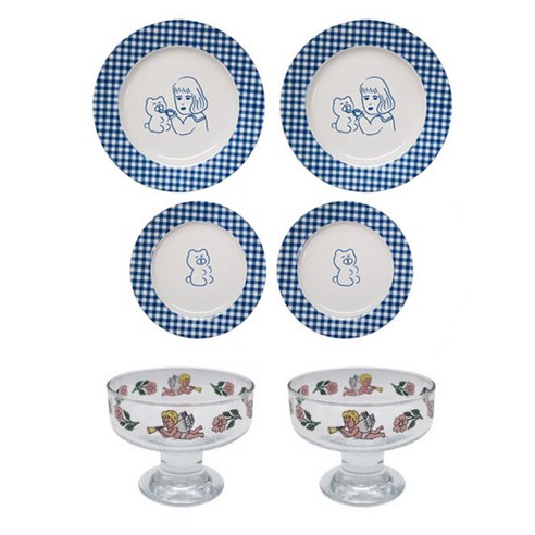 1537 체크라인 플랫 접시 2종 + 글라스볼 세트, 1세트, 깅엄체크 Small 2p + 깅엄체크 Large 2p + 글라스볼 가든오브엔젤 2p