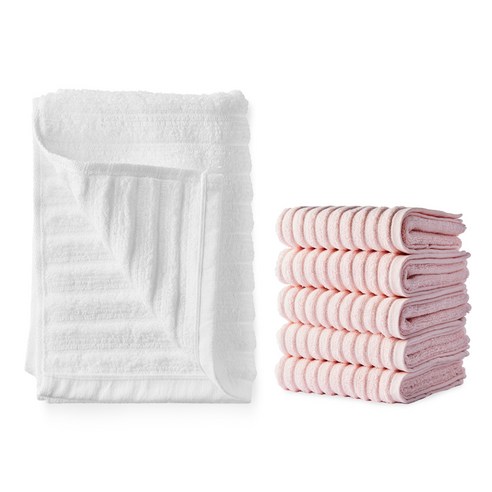 소프트터치 데일리 퓨어 세면타월 115g 30수 면사 5p + 퓨어 바스타올, 세면타올(핑크), 바스타올(화이트), 1세트