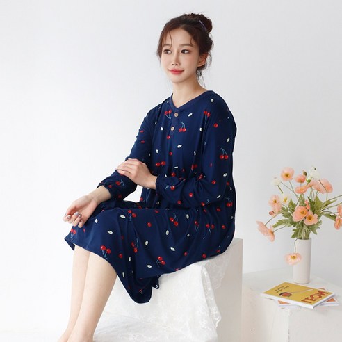 테라우드 여성용 피치기모 긴팔 원피스 잠옷