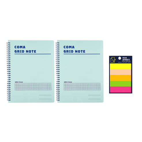 동아 코마 그리드노트 스프링 2p + 투코비 스티키 메모 패드 5색 혼합 15 x 50 mm 500p 세트, 스카이(노트), 1팩