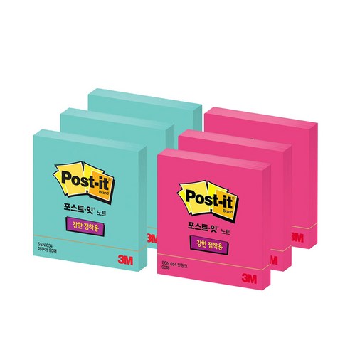 쓰리엠 포스트잇 강한 점착용 노트 654 2종 x 3p 세트, 아쿠아, 네온 핑크, 1세트