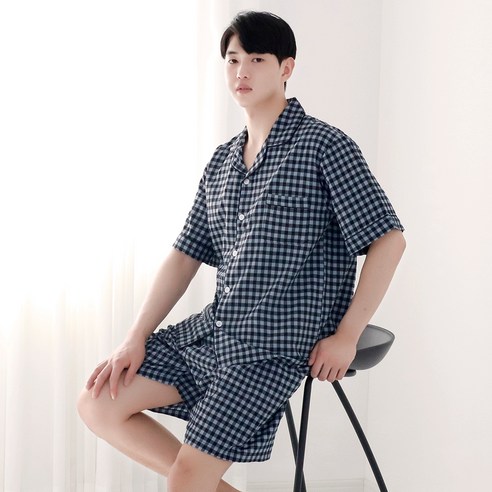 테라우드 남성용 빅체크 원포켓 반팔 잠옷 상하세트