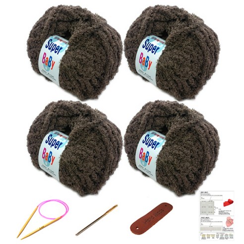 행복뜨기 슈퍼베이비 뜨개실 4p + 바늘 6mm + 돗바늘 + 가죽 라벨 + 목도리 도안 세트, 1세트, 코코아