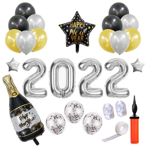 올리브파티 2022 신년파티 용품 풍선 + 손펌프 세트, 실버슬림, 1세트
