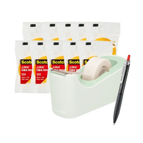 쓰리엠 스카치 탁상용 테이프 디스펜서 C18 + 다용도 테이프 리필 550 12mm x 20m 5p + 18mm x 20m 5p + 모나미 FX ZETA 볼펜 0.7mm 세트, 민트(디스펜서), 레드(볼펜), 1세트