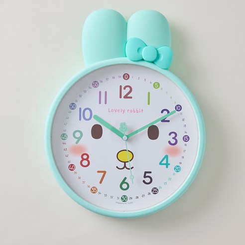 에이치씨클락 리본토끼 무소음 벽시계 25cm + 거치대 세트, 민트(시계)