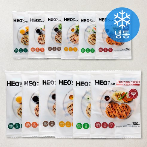 허닭 그릴 닭가슴살 스테이크 오리지널 2개 + 불고기맛 2개 + 청양고추 2개 + 매콤바베큐맛 2개 + 깻잎 2개 + 치즈 2개 세트 (냉동), 100g, 1개입, 12개