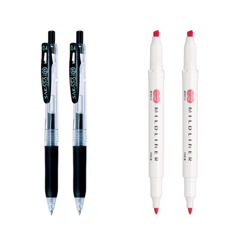 제브라 마일드라이너 마카 2p + 사라사 클립 볼펜 0.4mm 2p 세트, 코랄핑크(마일드라이너), 검정(볼펜), 1세트