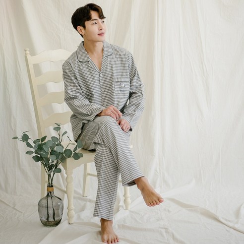 스누피 남성용 스몰 체크 기모 잠옷 상하의 세트
