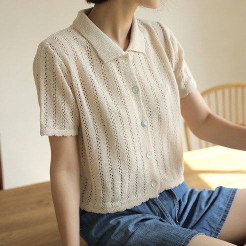 빼빼 여성용 버튼 펀칭 스카시 반팔 니트 가디건