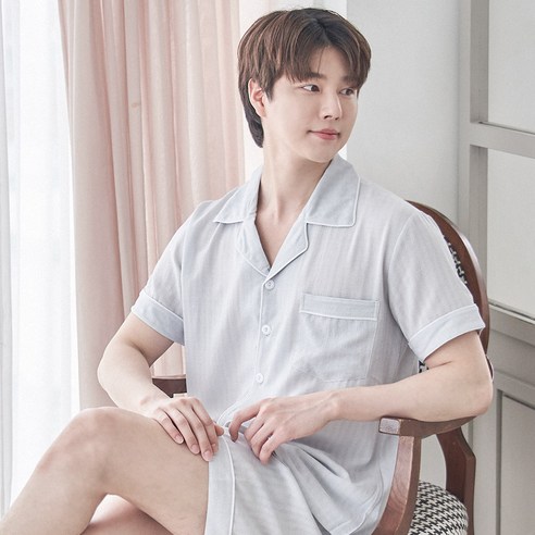 도씨 남성용 레이온 반팔 카라 잠옷 상하의 세트