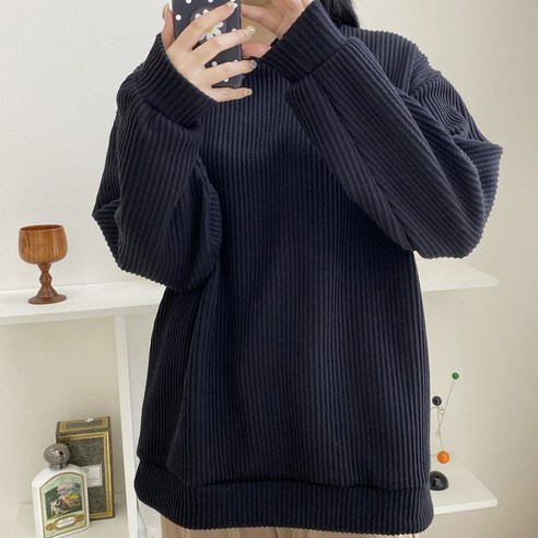 여성용 데일리 캐주얼 빅사이즈 골지 니트 맨투맨