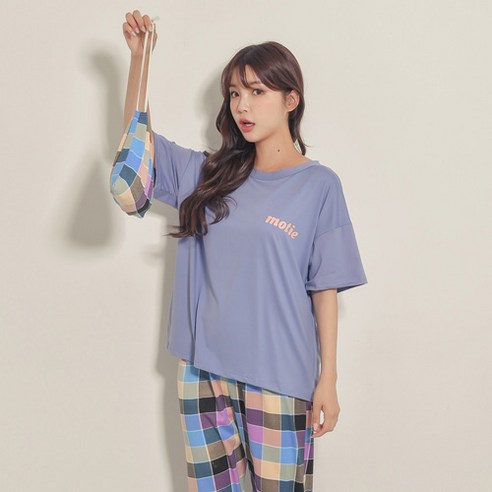 코코드림 여성용 MOTIE 반팔 체크 상하의 잠옷 HX1919 + 주머니 세트