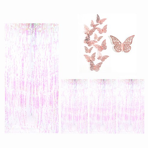 파티쇼 커튼 4p + 나비데코 3종 x 4p 세트, 오로라클리어(커튼), 나비데코(로즈골드), 1세트