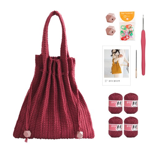 yarna 올리오 단색 플리츠백 DIY 패키지 S, 710 딥라즈베리(뜨개실), 핑크(우드볼), 랜덤발송(단수링), 1세트