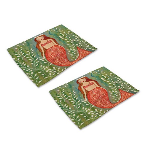 더플로우 바닷 속 다양한 인어공주들 린넨 천 아트 플레이스 매트 2p, 01, 42 x 32 cm
