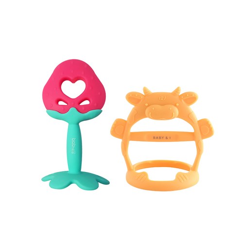 베이비앤아이 과일 + 카우 손목 치발기 세트, 노꼭지, 딸기(과일 치발기), 바나나크림(손목 치발기)