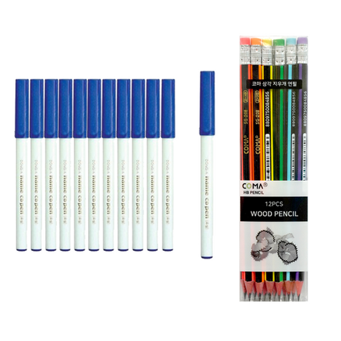 동아 네임CD펜 12p + 투코비 삼각 지우개 연필 SG-208 12p 세트, 청색(CD펜), 혼합색상(지우개연필), 1세트