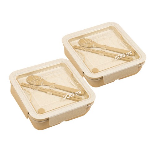 크림 밀짚 도시락 정사각 + 스푼 + 젓가락 세트 1100ml, 혼합색상, 2세트