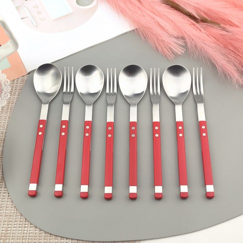 보겐 스퀘어 솔렌 디저트 커트러리 4인 세트, 루비레드, 1세트, 디저트포크 4p + 디저트스푼 4p
